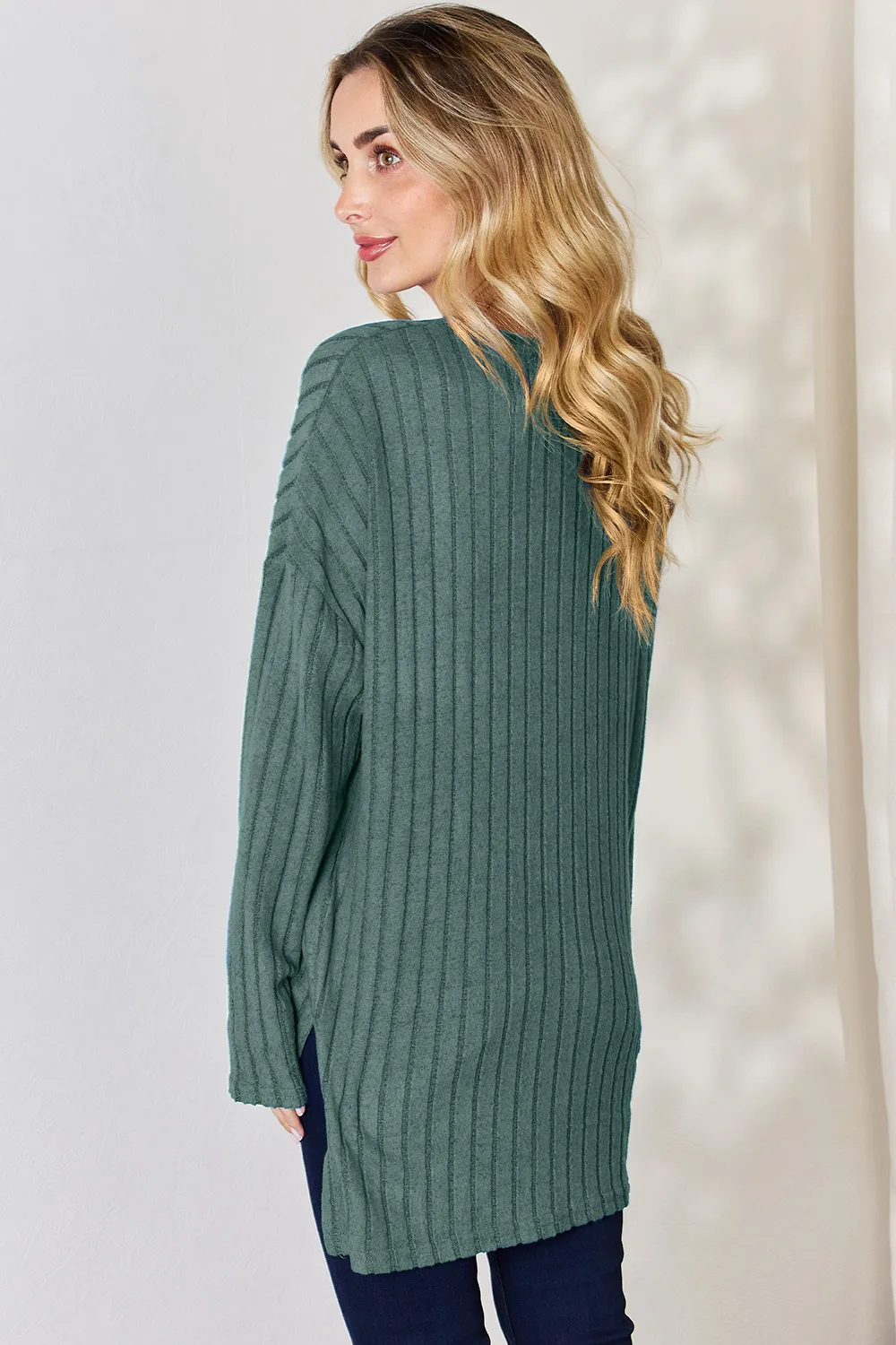 Full Size Ribbed Half Button Long Sleeve High-Low T-Shirt, image 27