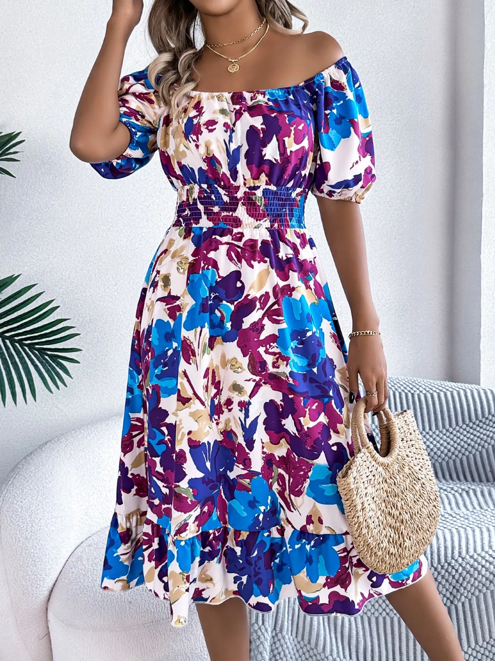 Ruffled Hem Smocked Floral Short Sleeve Midi Dress, image 12