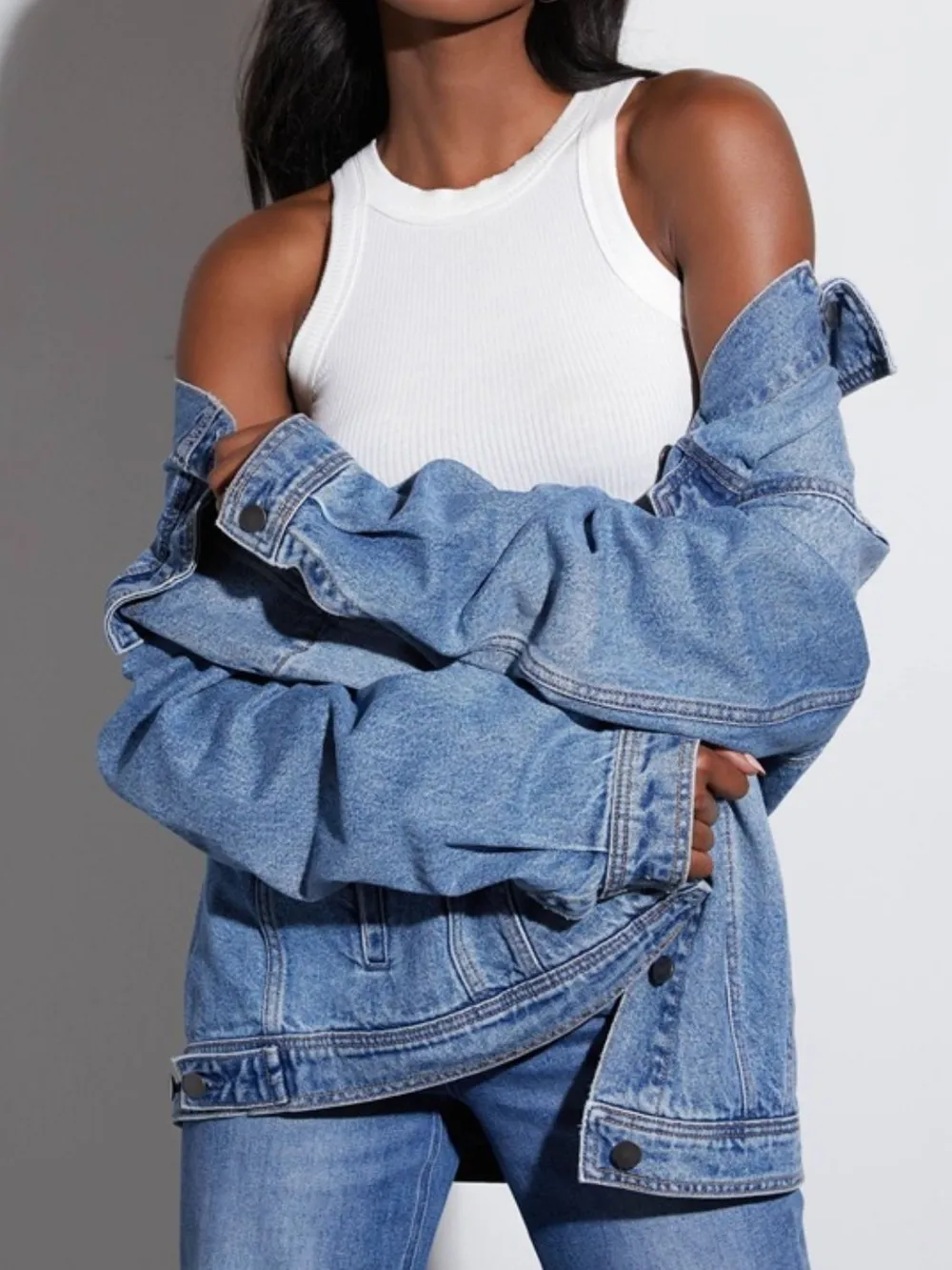 Button Up Collared Neck Denim Jacket, image 4