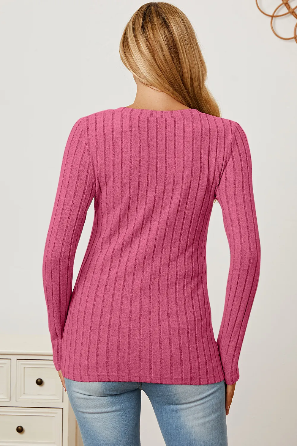 Full Size Ribbed V-Neck Long Sleeve T-Shirt, image 24