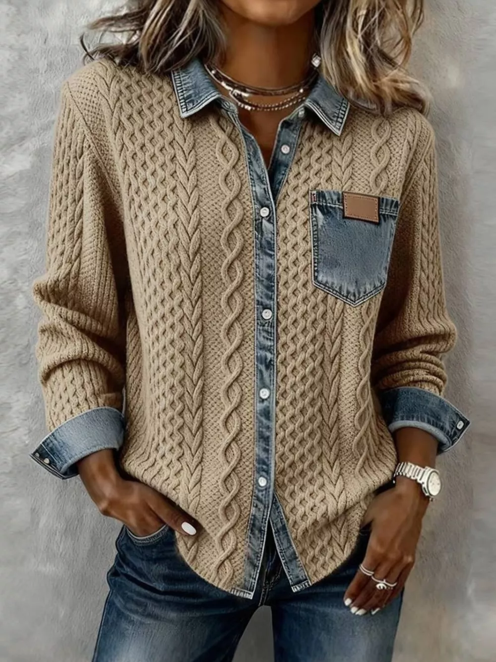 Denim Trim Cable Knit Cardigan, image 8