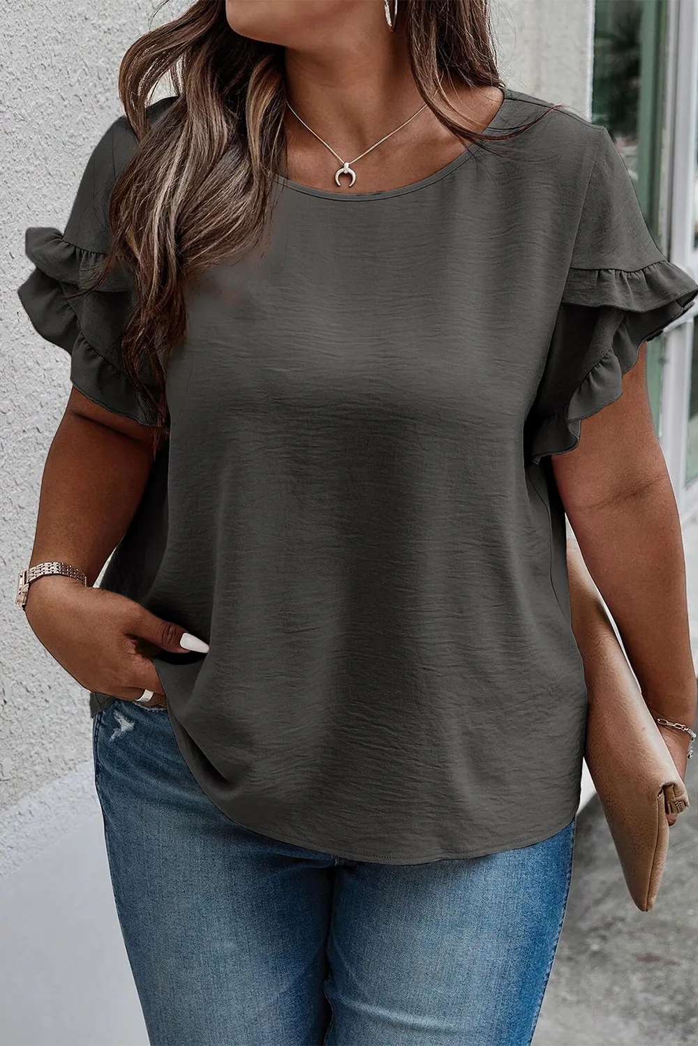 Plus Size Ruffled Round Neck Short Sleeve Blouse, image 8