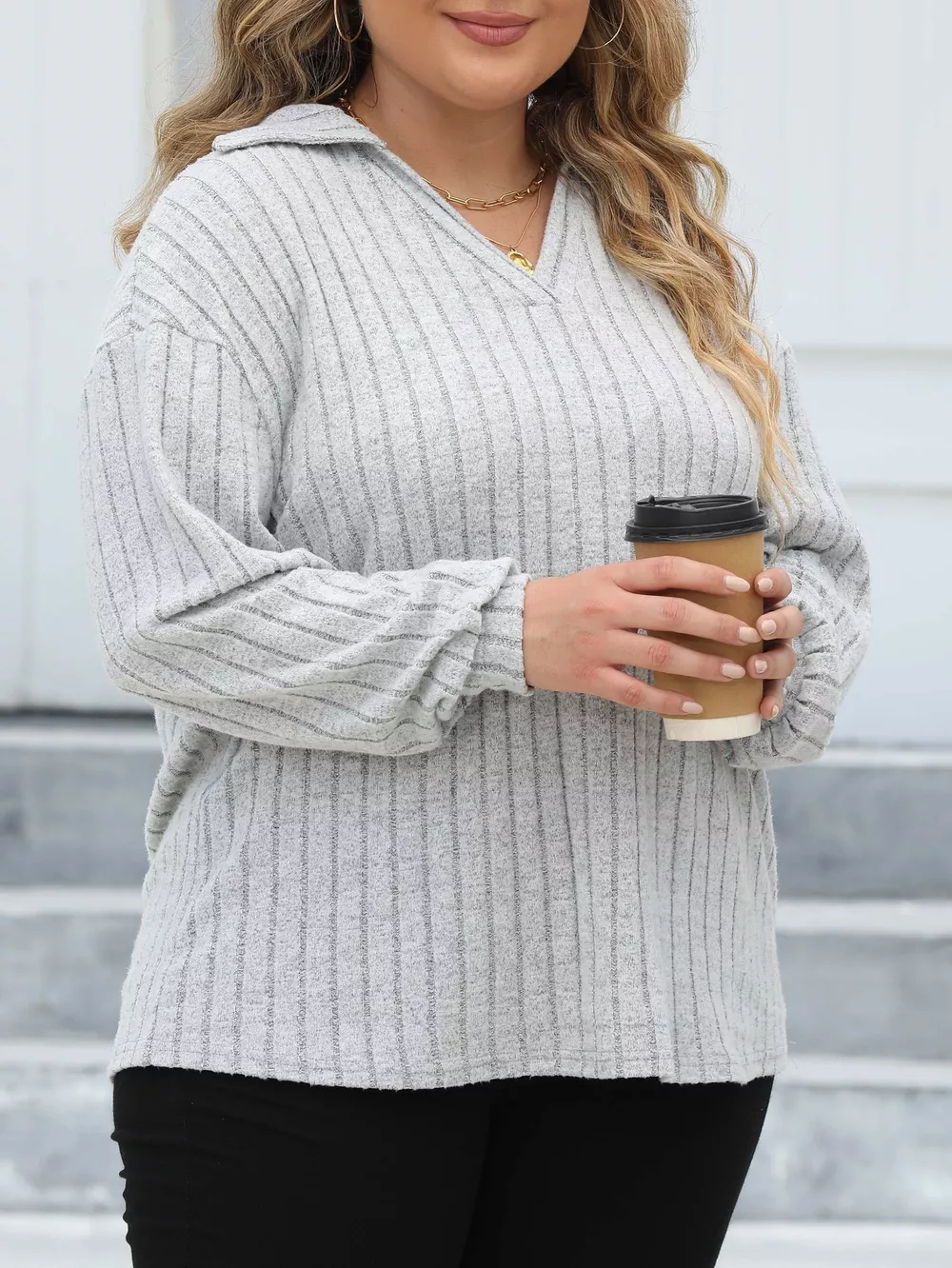 Plus Size Ribbed Knit Polo Collar T-Shirt, image 9