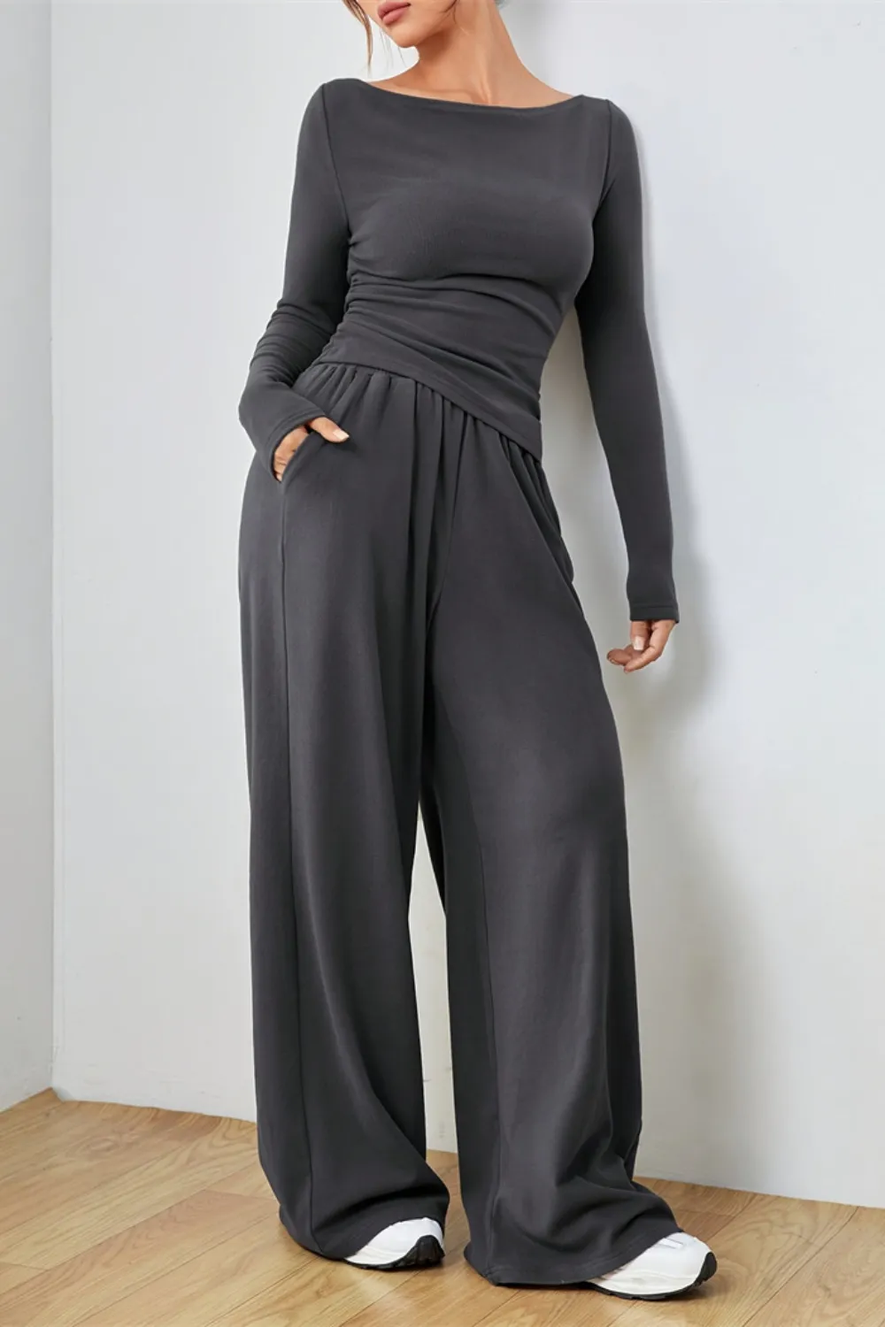 Boat Neck Long Sleeve Top and Pants Set, image 11