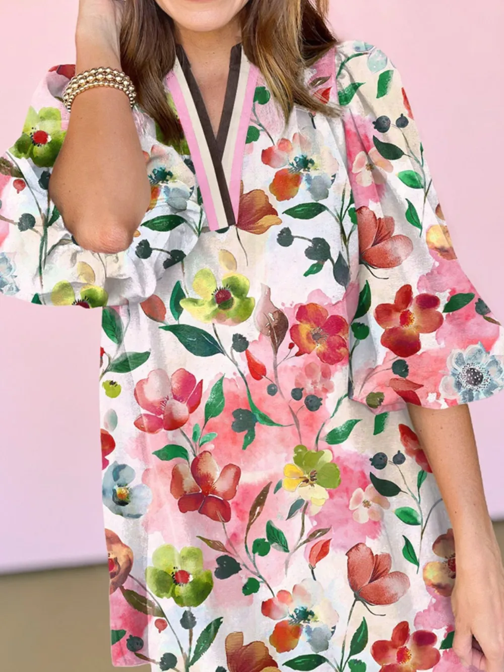 Floral Print Notched Tunic Dress, image 3