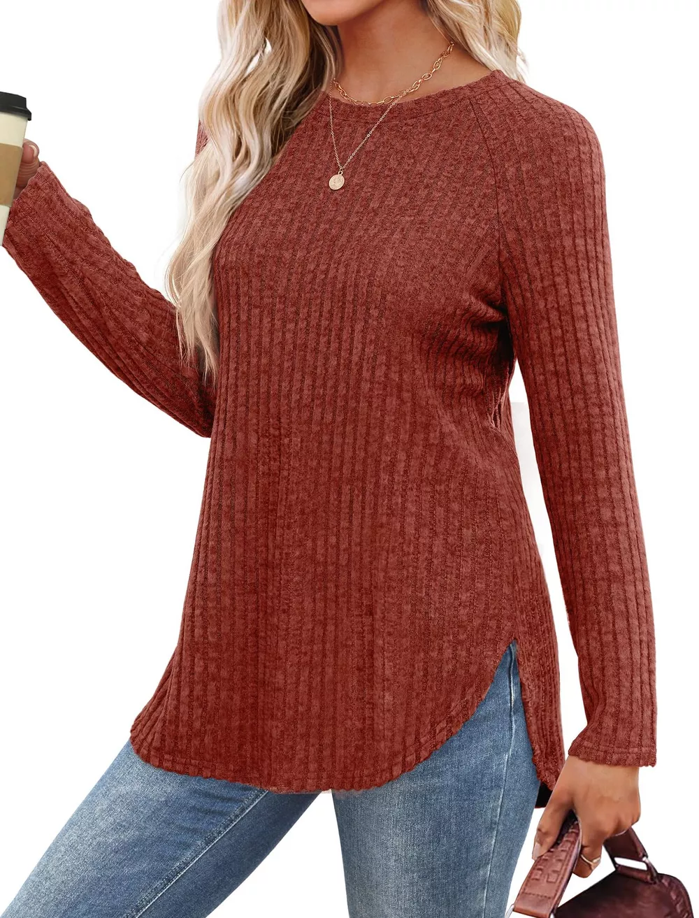Casual Ribbed Knit Long Sleeve T-Shirt, image 6