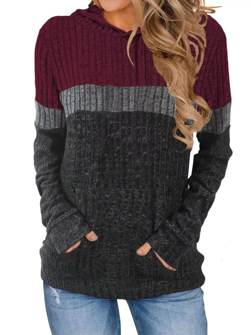 Full Size Color Block Ribbed Knit Hoodie Plus Size, image 11