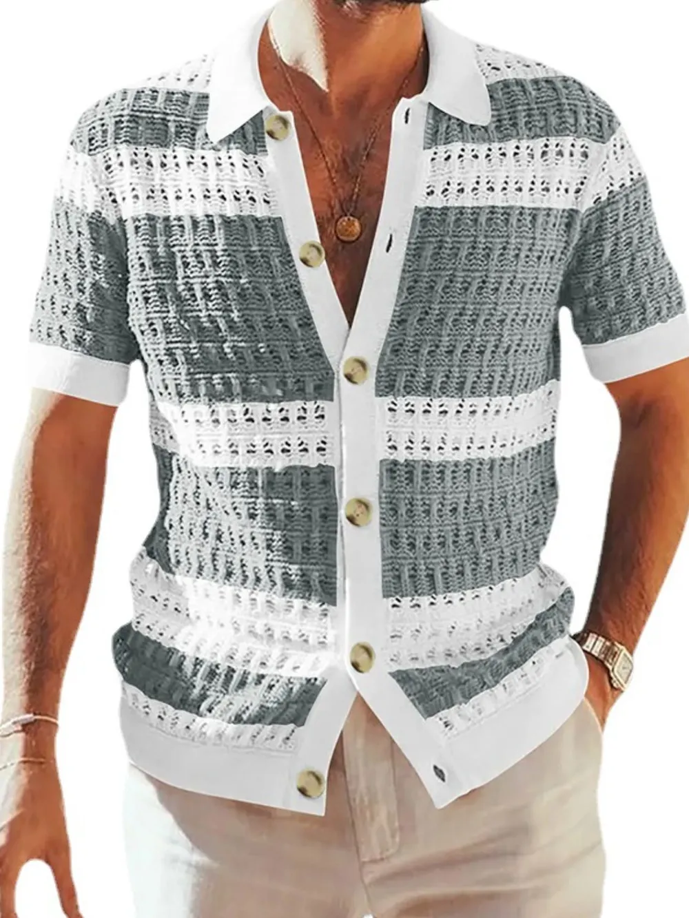 Men's Button Down Collared Neck Contrast Openwork Shirt, image 9
