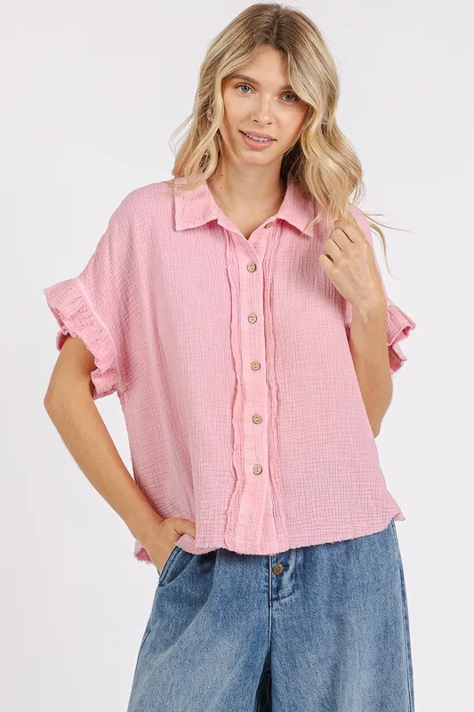 Mineral Washed Button Down Flounce Sleeve Shirt, image 2