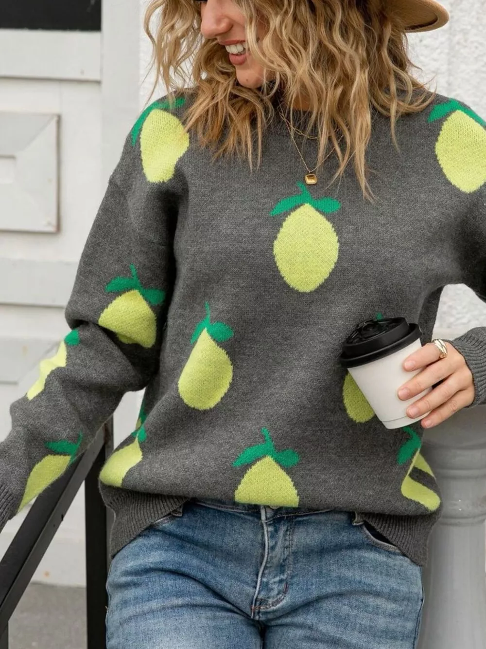 Lemon Crew Neck Round Neck Sweater, image 12