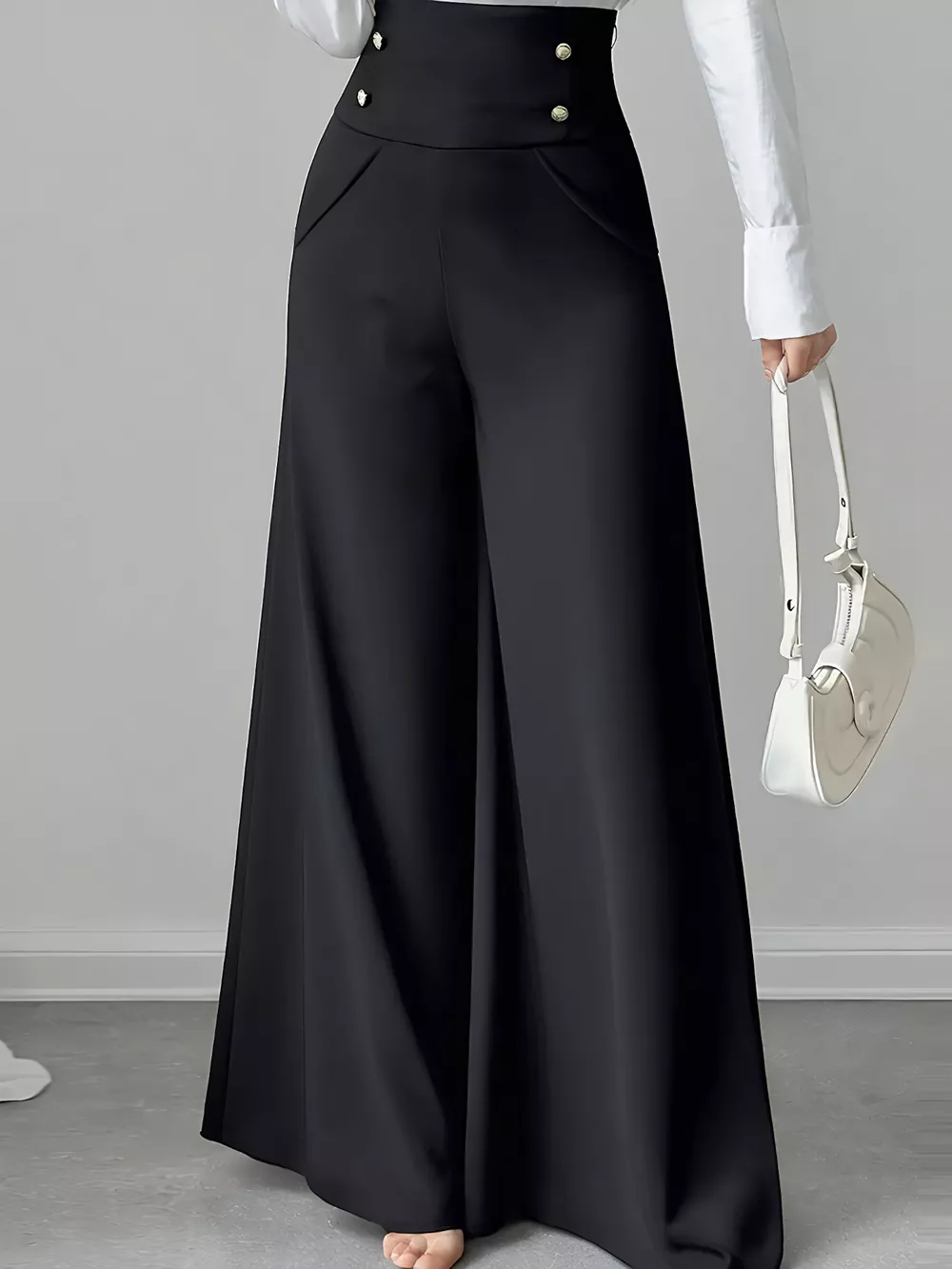 High Waist Wide Leg Button Decor Pants