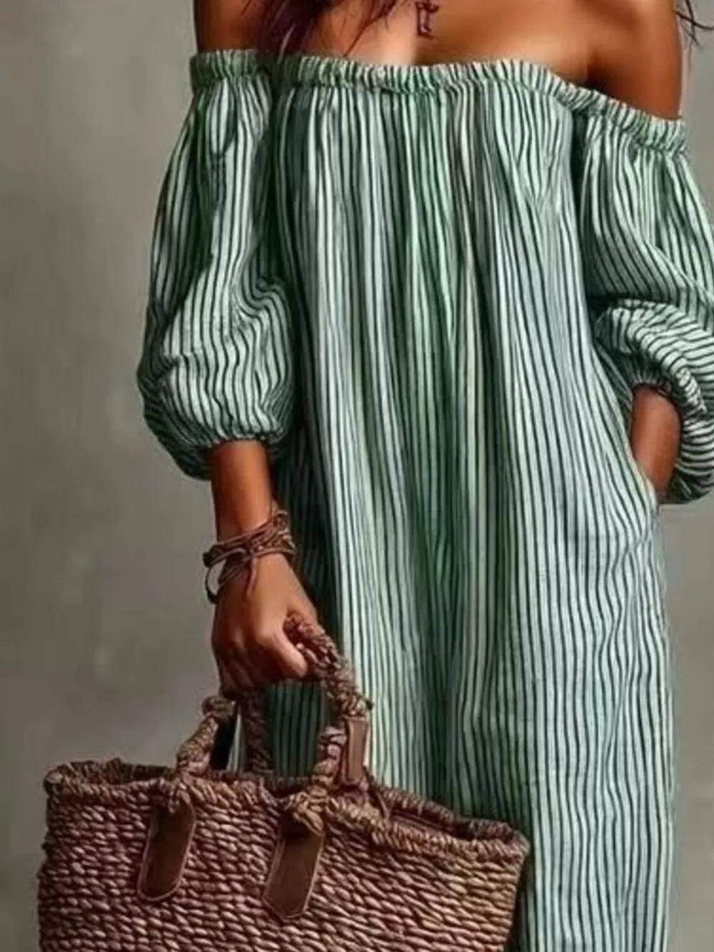 Full Size Off-Shoulder Striped Maxi Dress with Puff Sleeves Plus Size, image 15