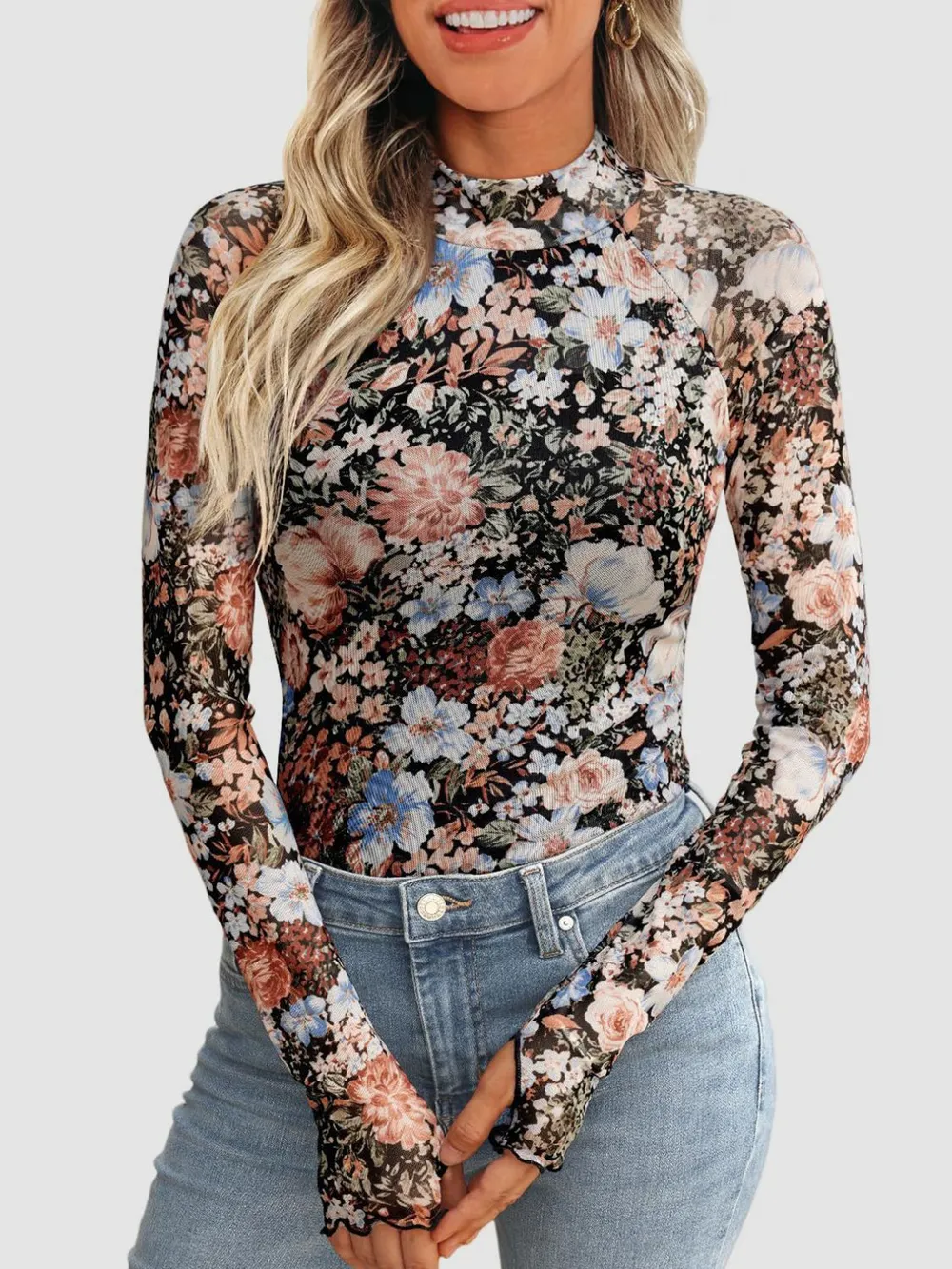 Floral Mock Neck Long Sleeve T-Shirt, image 2