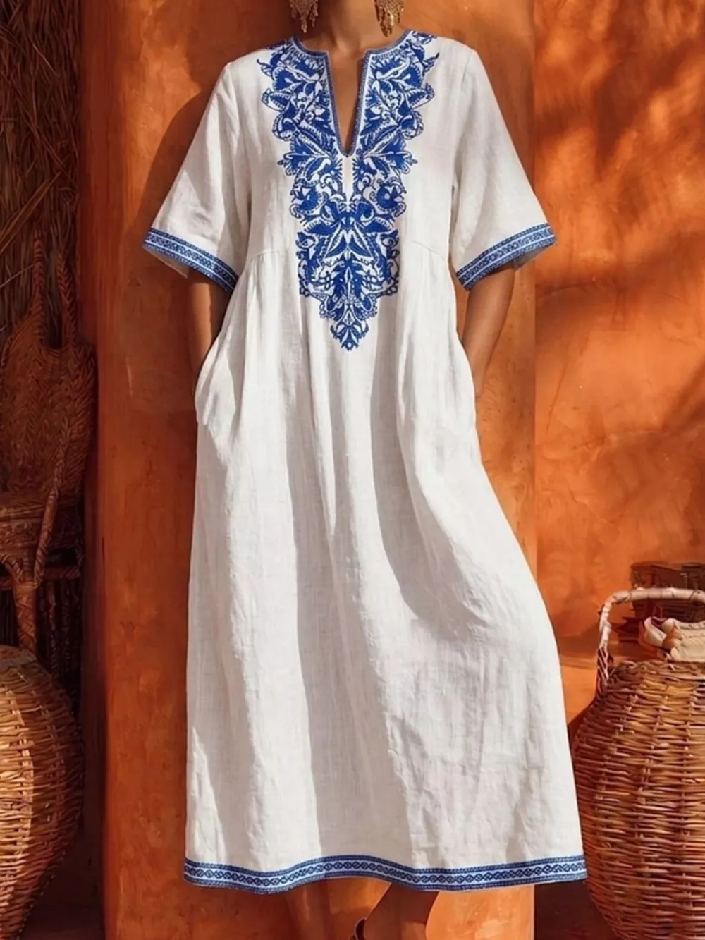 Printed Notched Half Sleeve Midi Dress, image 3