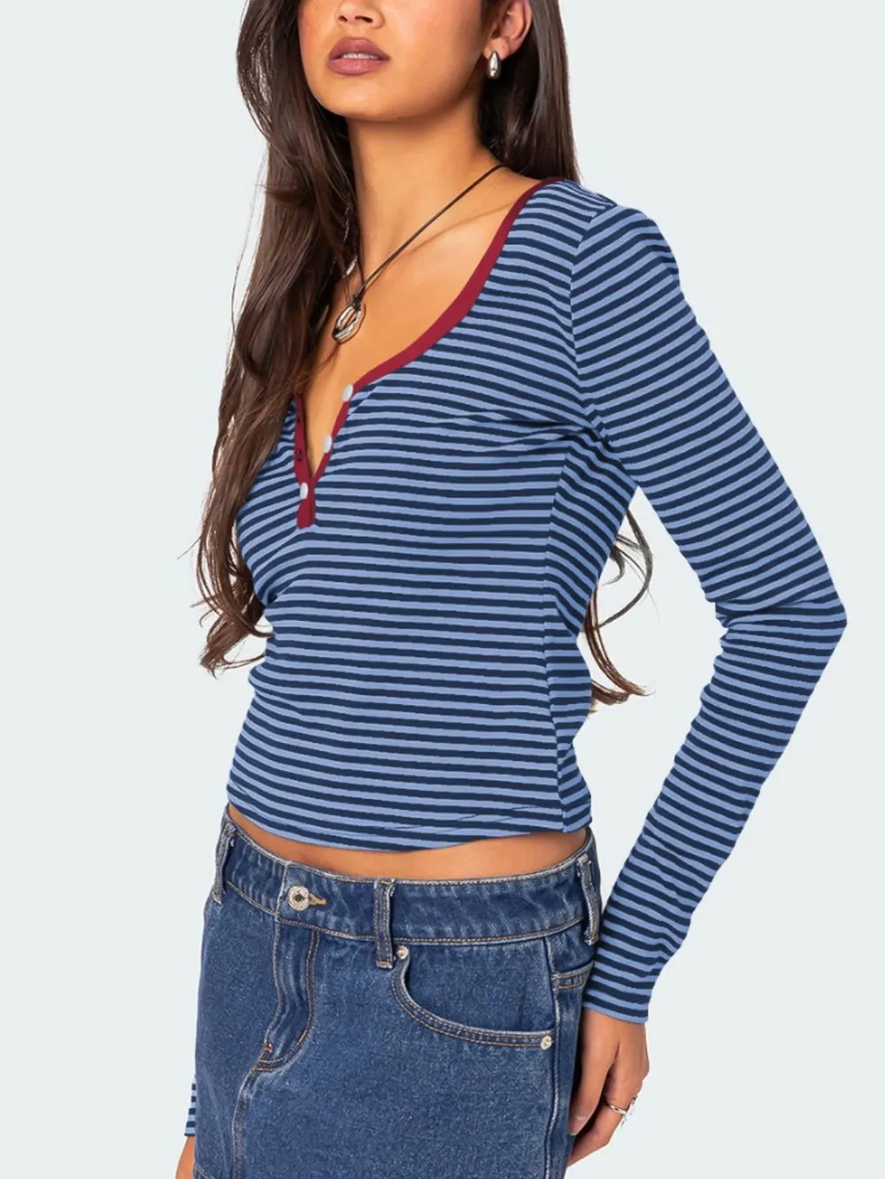 Buttoned Striped Long Sleeve T-Shirt, image 26