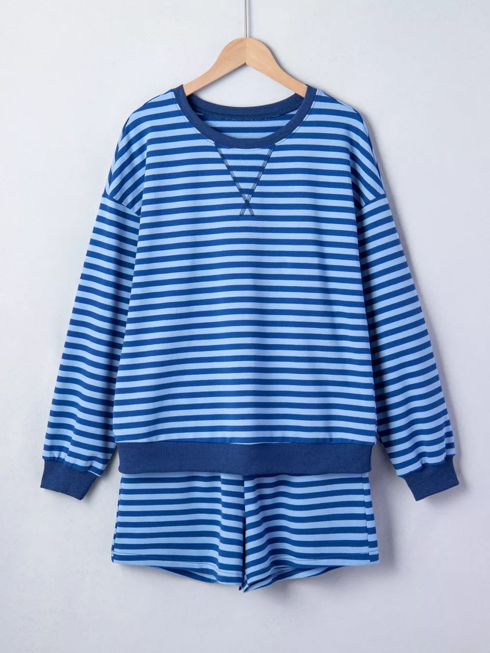 Stripe Drop Shoulder Long Sleeve Pullover Elastic Waist Casual Short Set, image 4