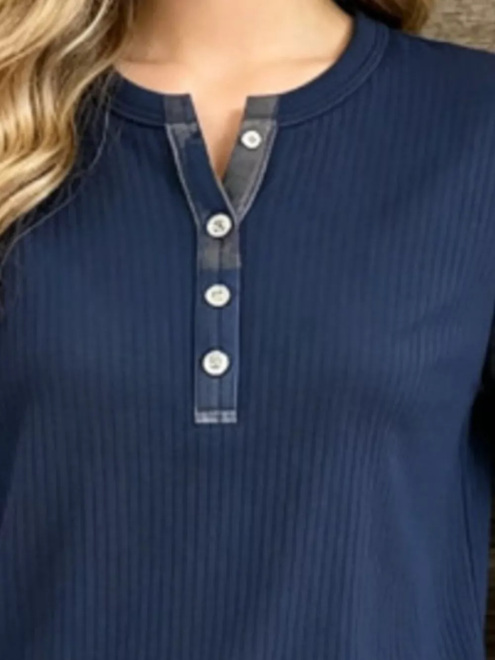 Full Size Ribbed Knit Henley T-Shirt with Plaid Contrast Sleeves Plus Size, image 4