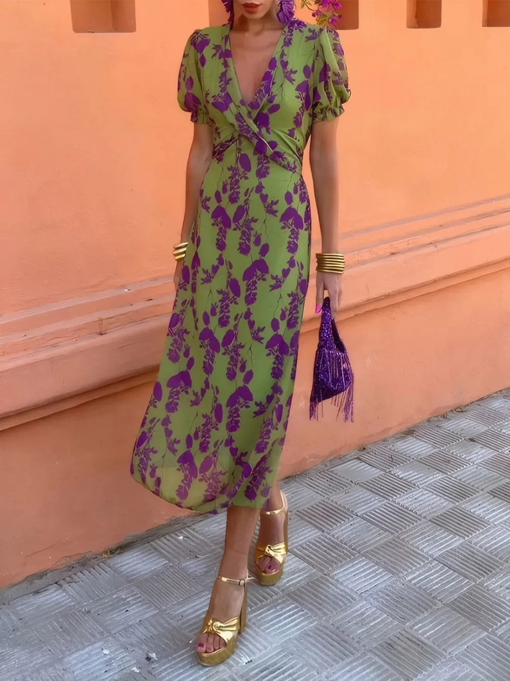 Printed Plunge Short Sleeve Midi Dress, image 5