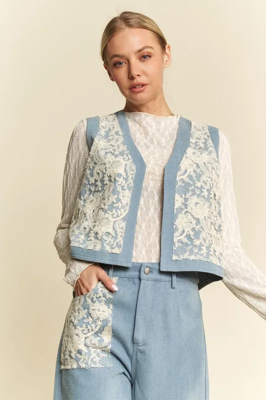 Lace Patch Open Front Denim Vest, image 7