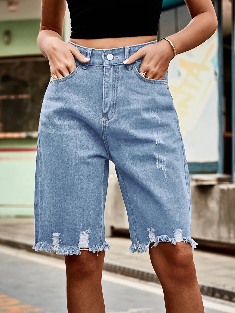 Raw Hem Denim Shorts, image 8