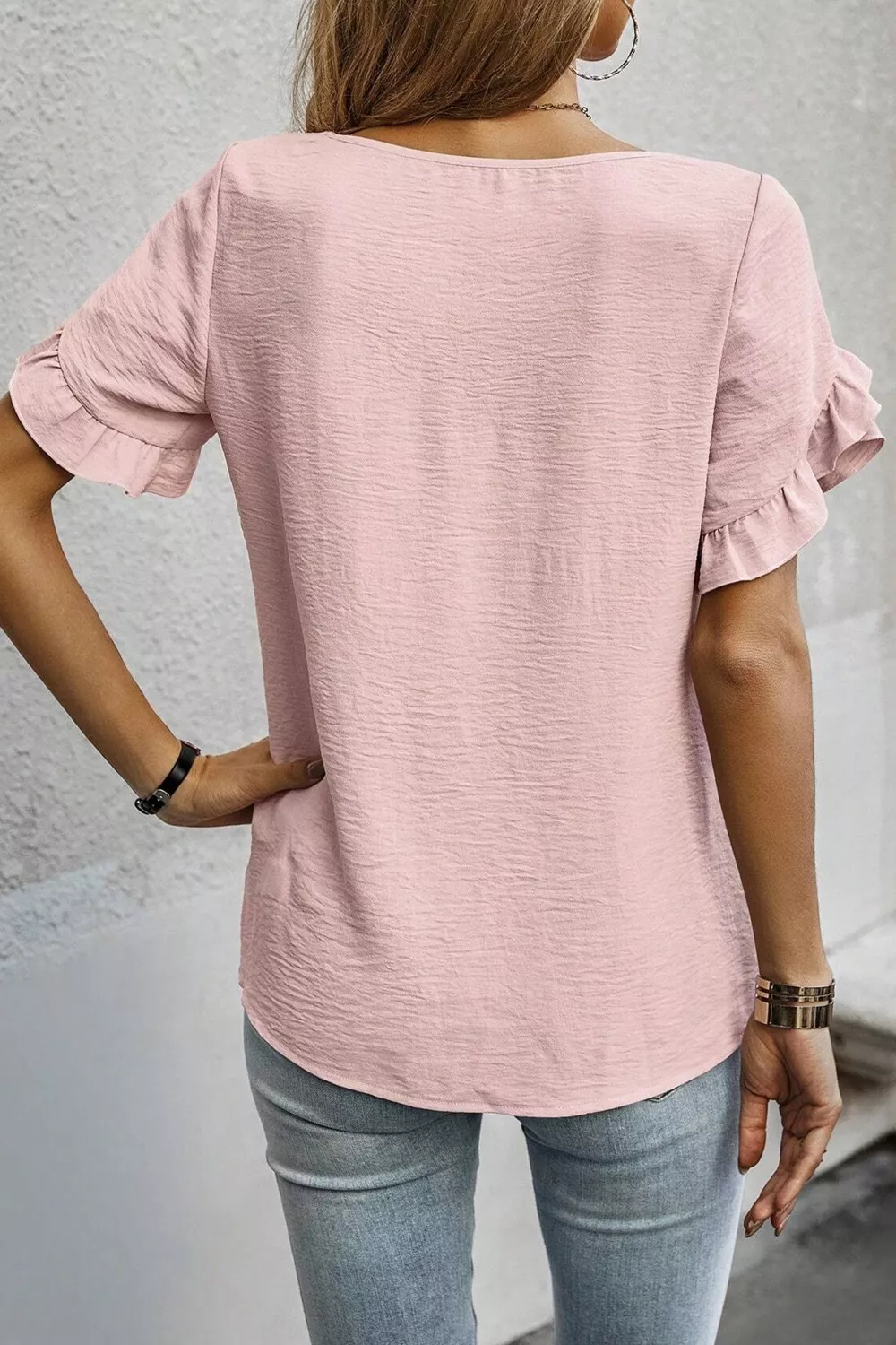 Solid Color Ruffle Trim Short Sleeve Blouse, image 4
