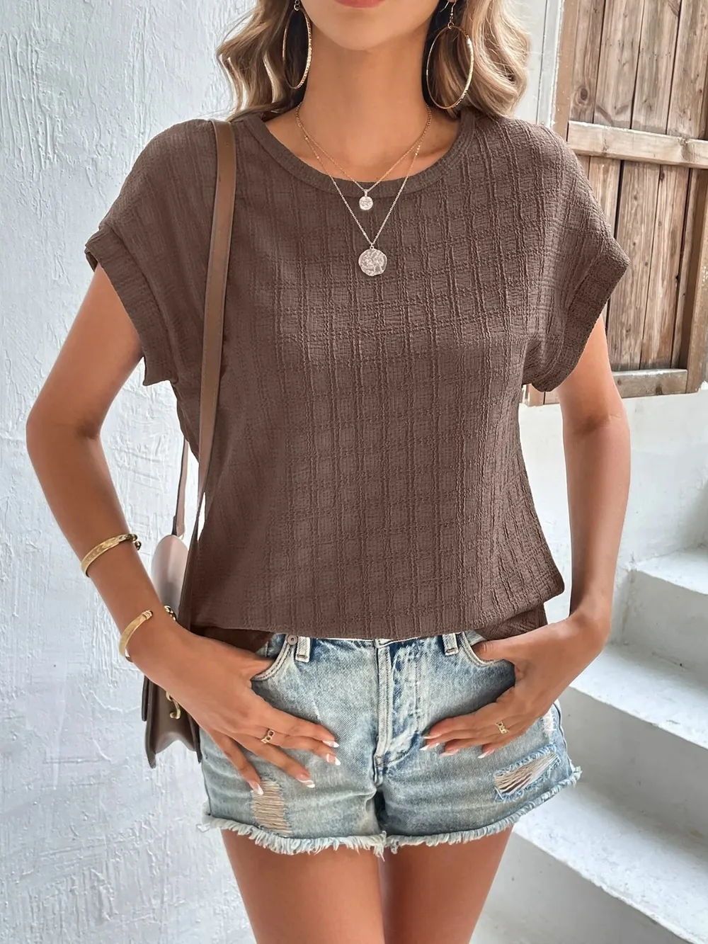 Textured Round Neck Short Sleeve Top, image 2