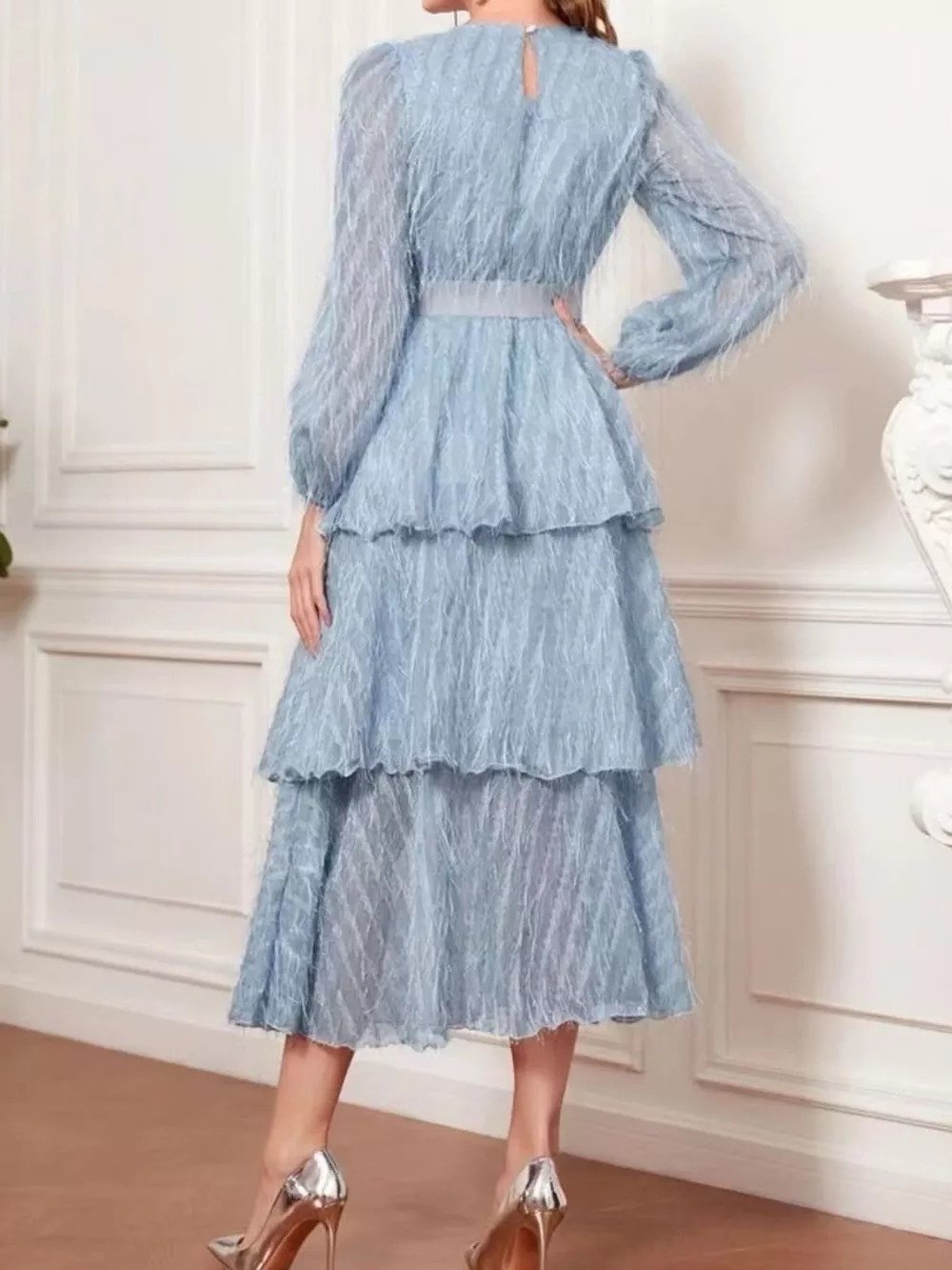 Full Size Layered Balloon Sleeve Midi Dress Plus Size, image 4