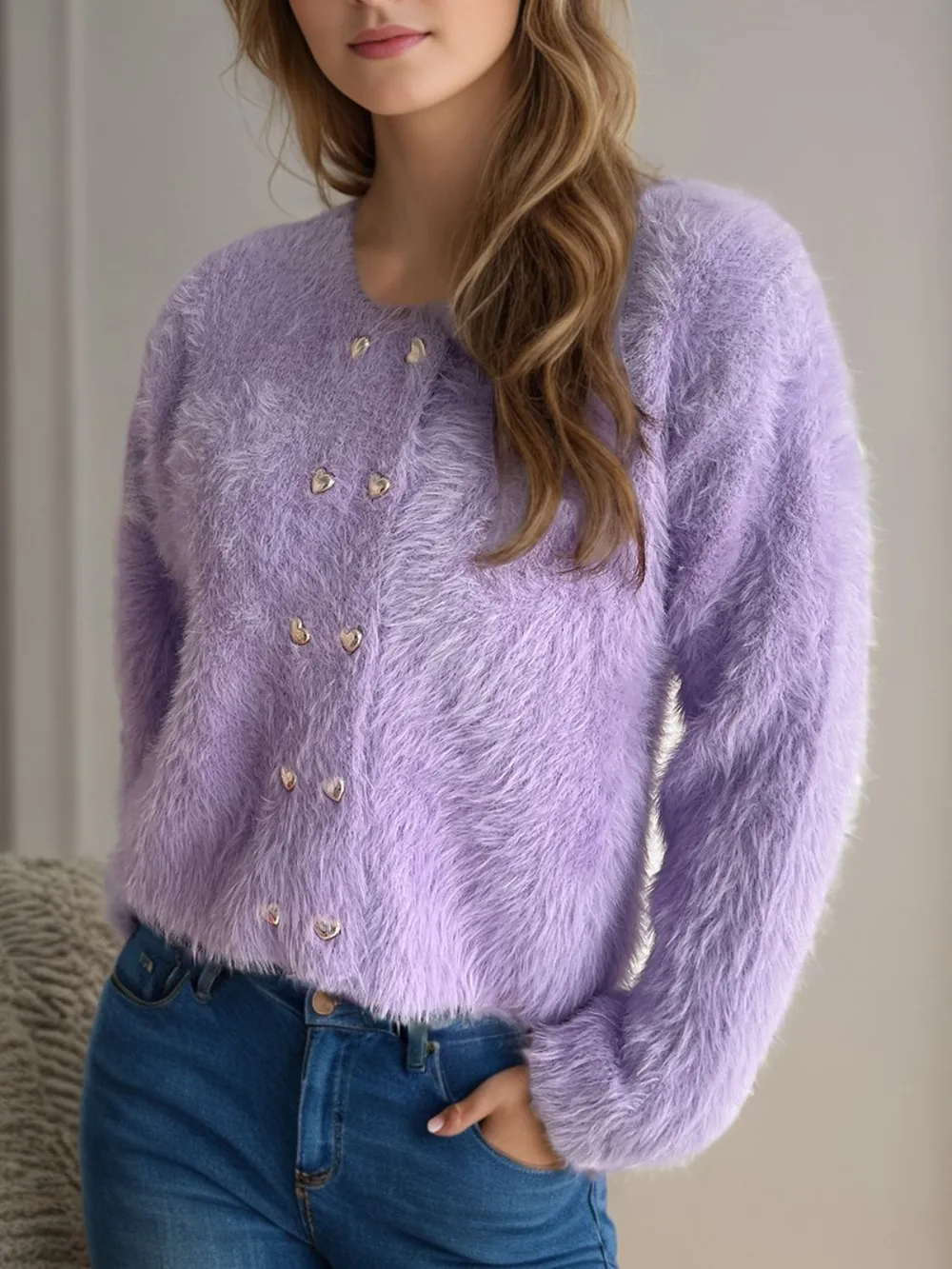 Heart Button Round Neck Cardigan, image 6