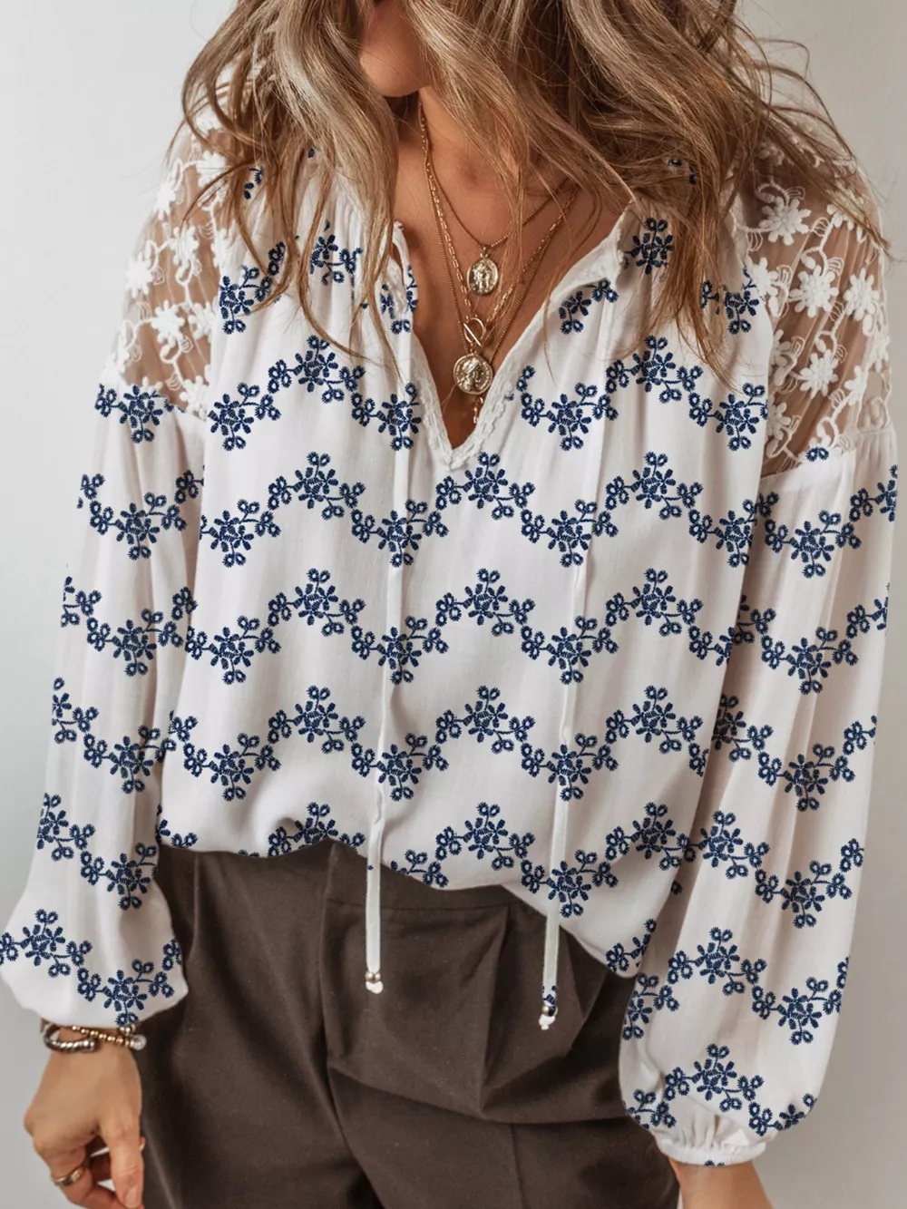 Printed Tie Neck Lace Long Sleeve Blouse