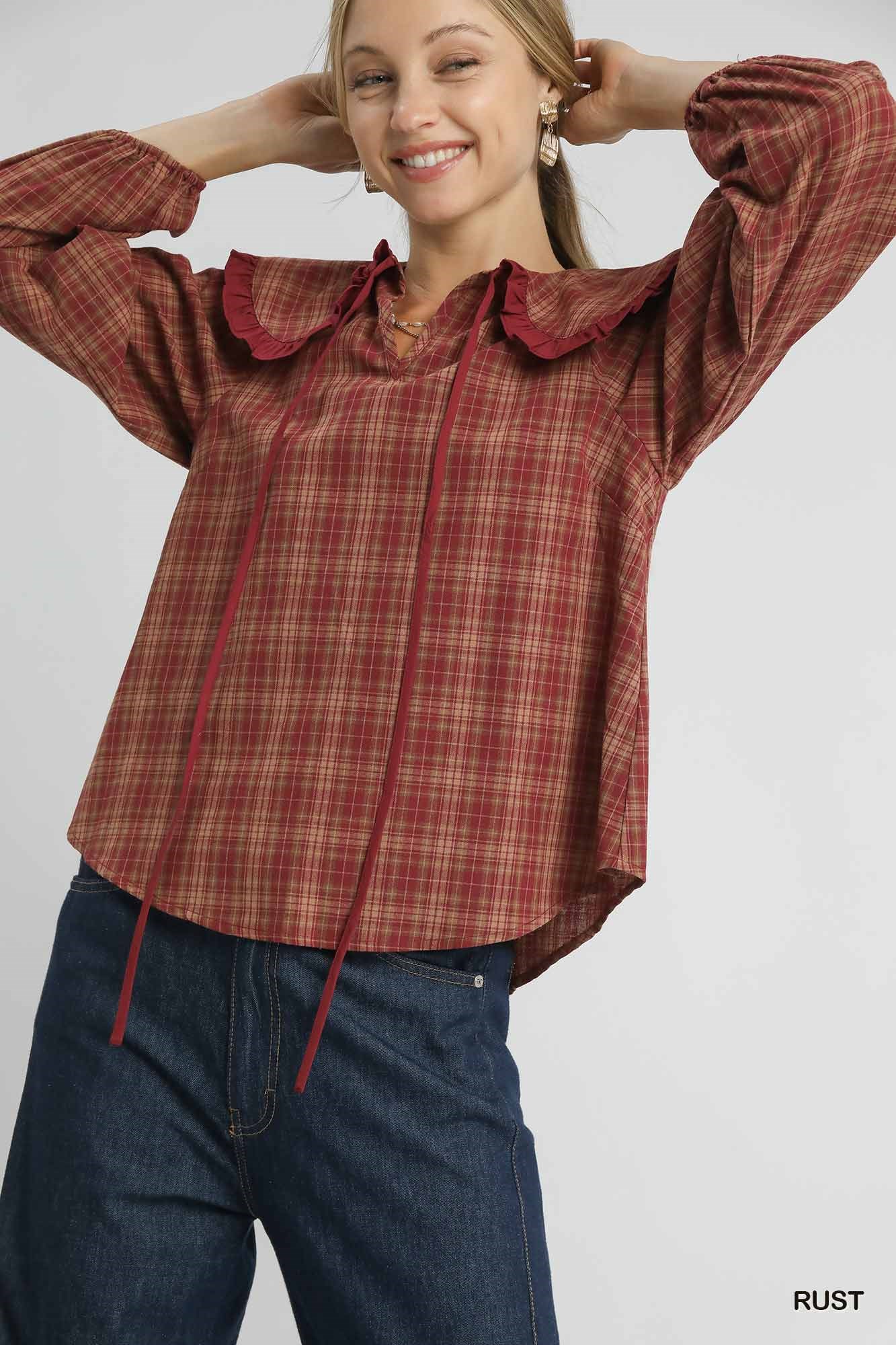 Full Size Plaid Ruffle Collar Blouse Plus Size