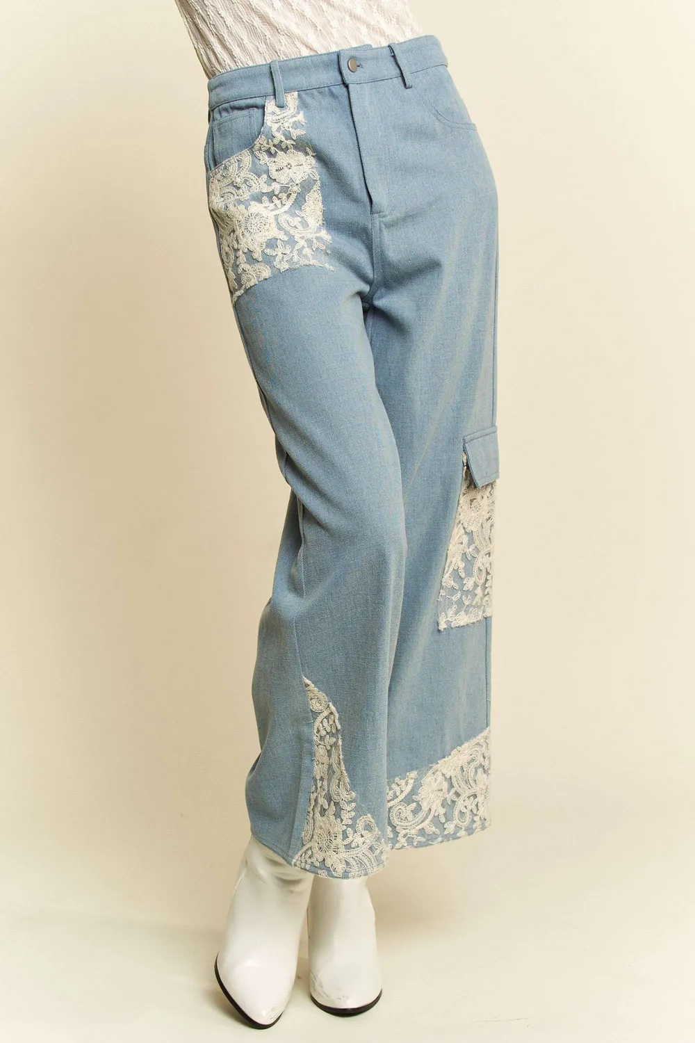 Lace Applique Wide Leg Jeans, image 8