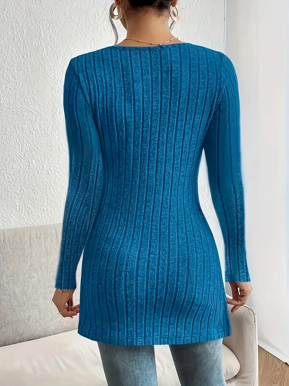 Slit Ribbed V-Neck Long Sleeve T-Shirt, image 2