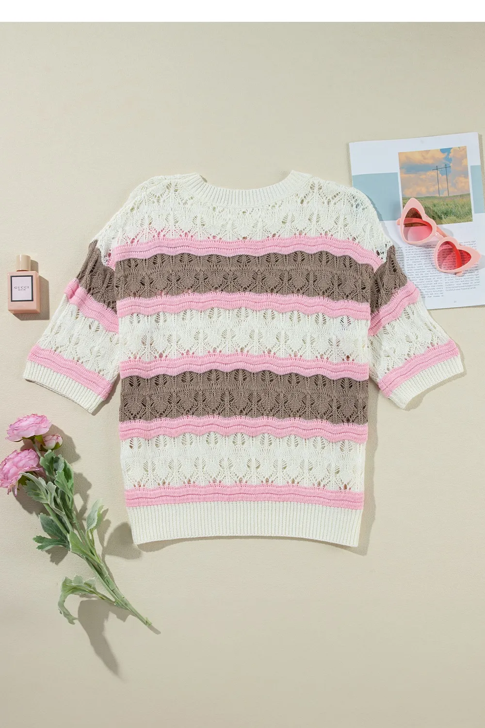 Color Block Openwork Half Sleeve Sweater, image 8