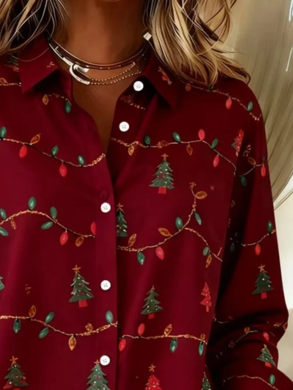 Full Size Christmas Tree Print Long Sleeve Button-Down Shirt Plus Size, image 10