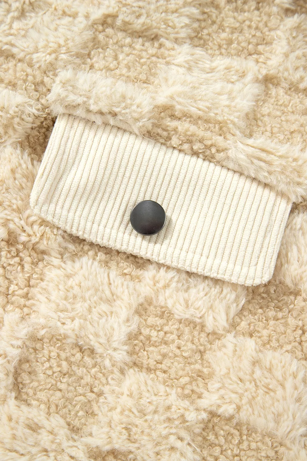 Plush Checkered Corduroy Trim Metal Button Long Sleeve Shift Silhouette Shacket, image 10