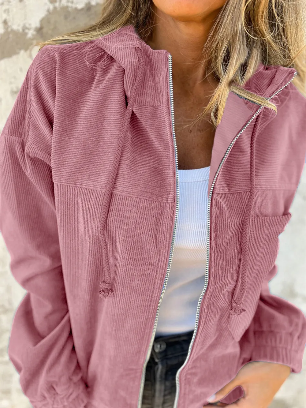 Drawstring Zip Up Long Sleeve Hooded Jacket, image 2