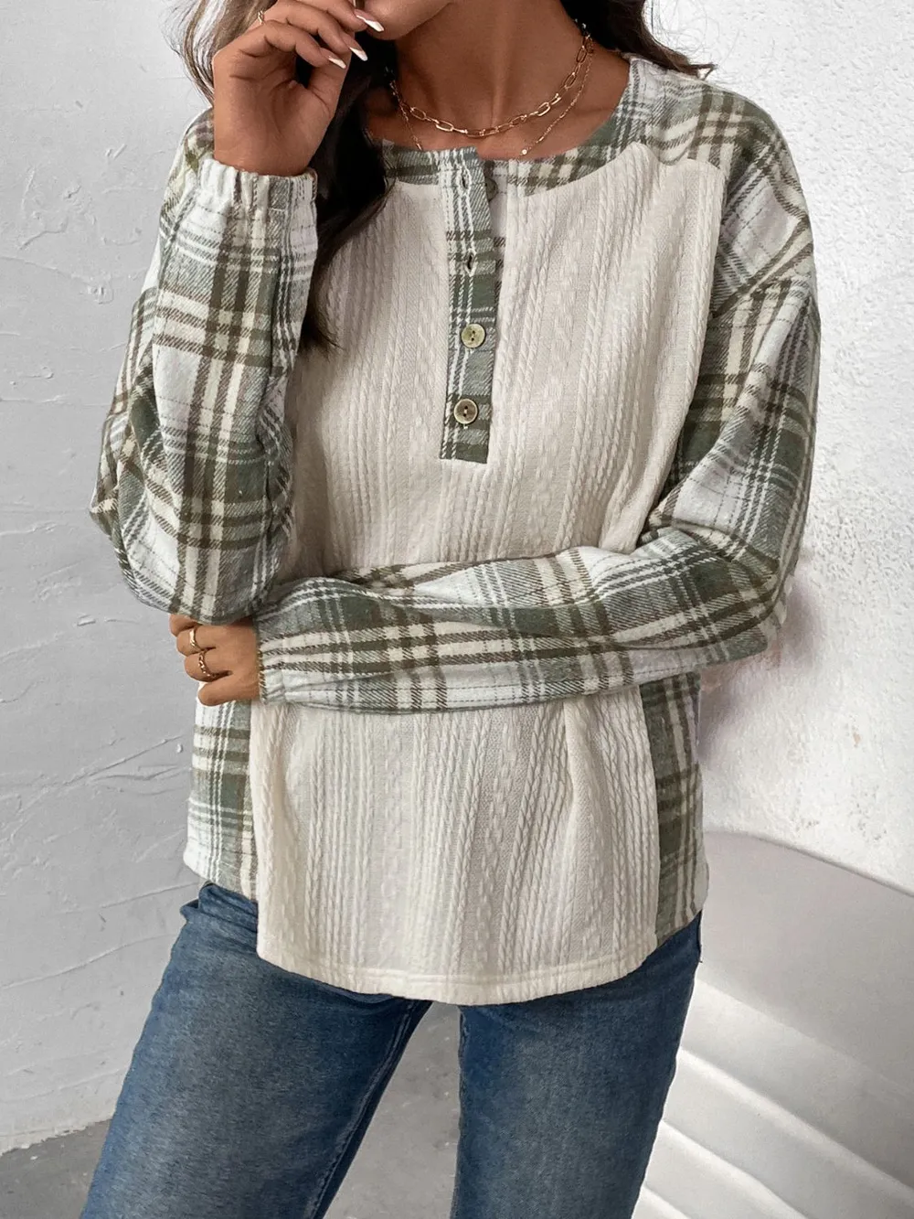Plaid Half Button Long Sleeve T-Shirt, image 5