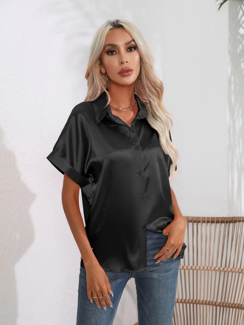Button Down Collared Neck Short Sleeve Satin Shirt, image 17