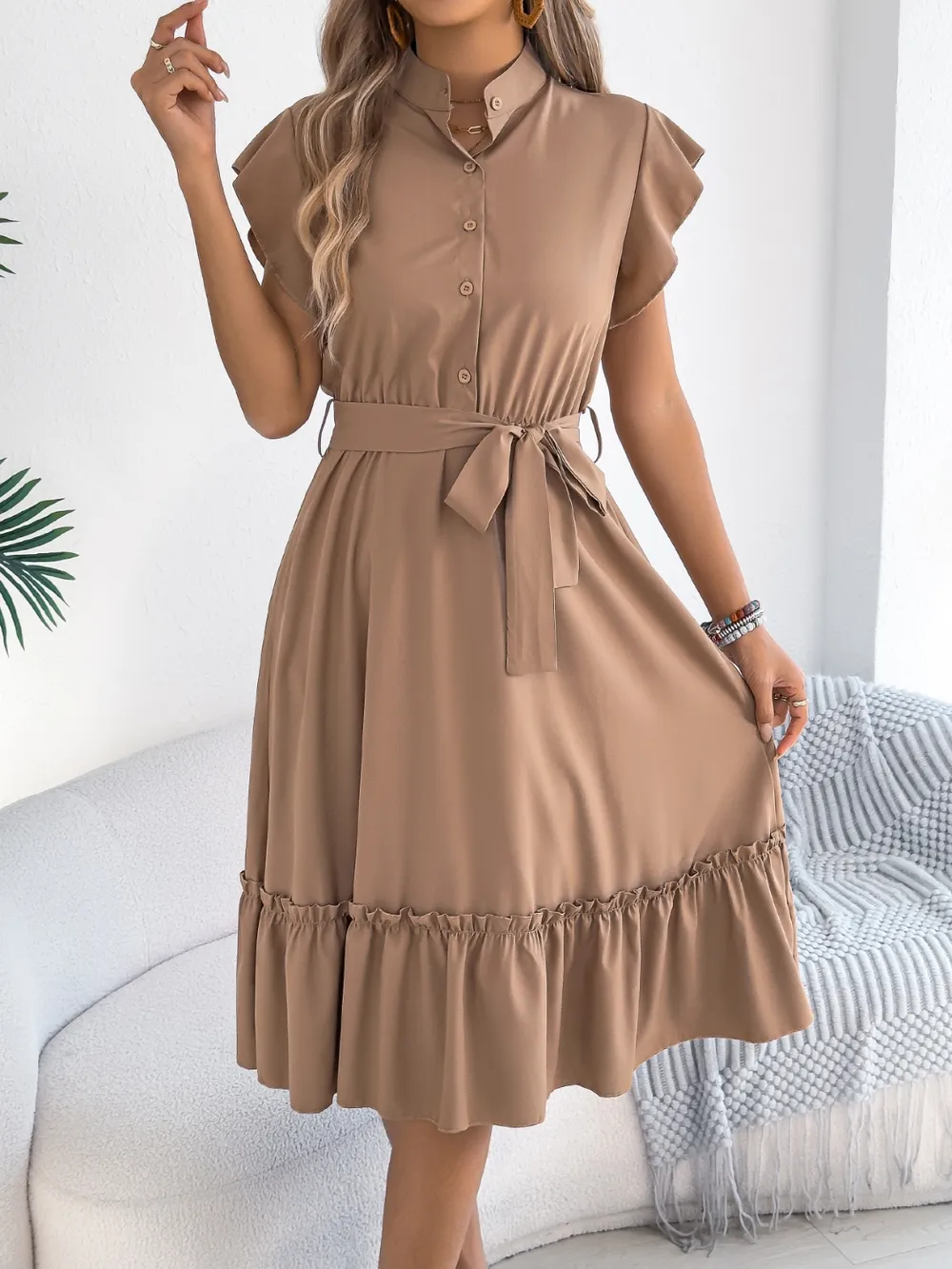 Tie Waist Ruffled Cap Sleeve Dress, image 8