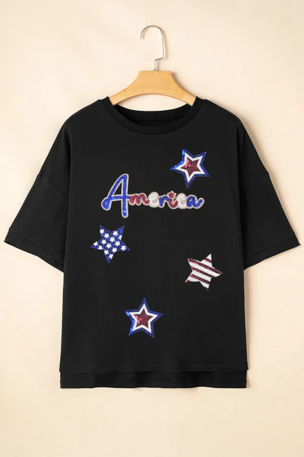 Sequined America Star Round Neck T Shirt, image 3
