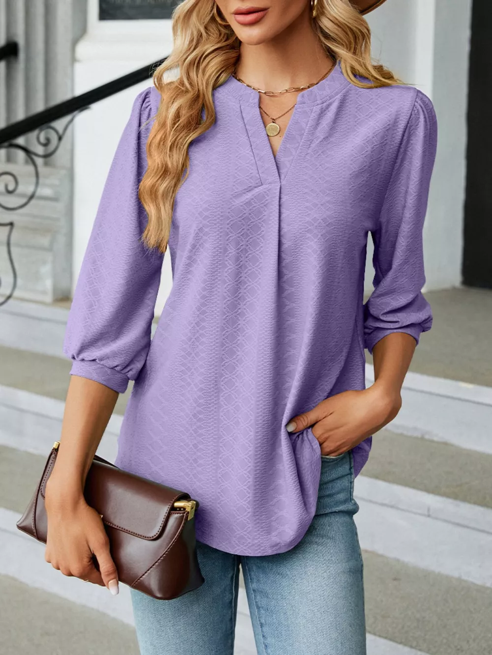 Notched 3/4 Sleeve Casual Top, image 2