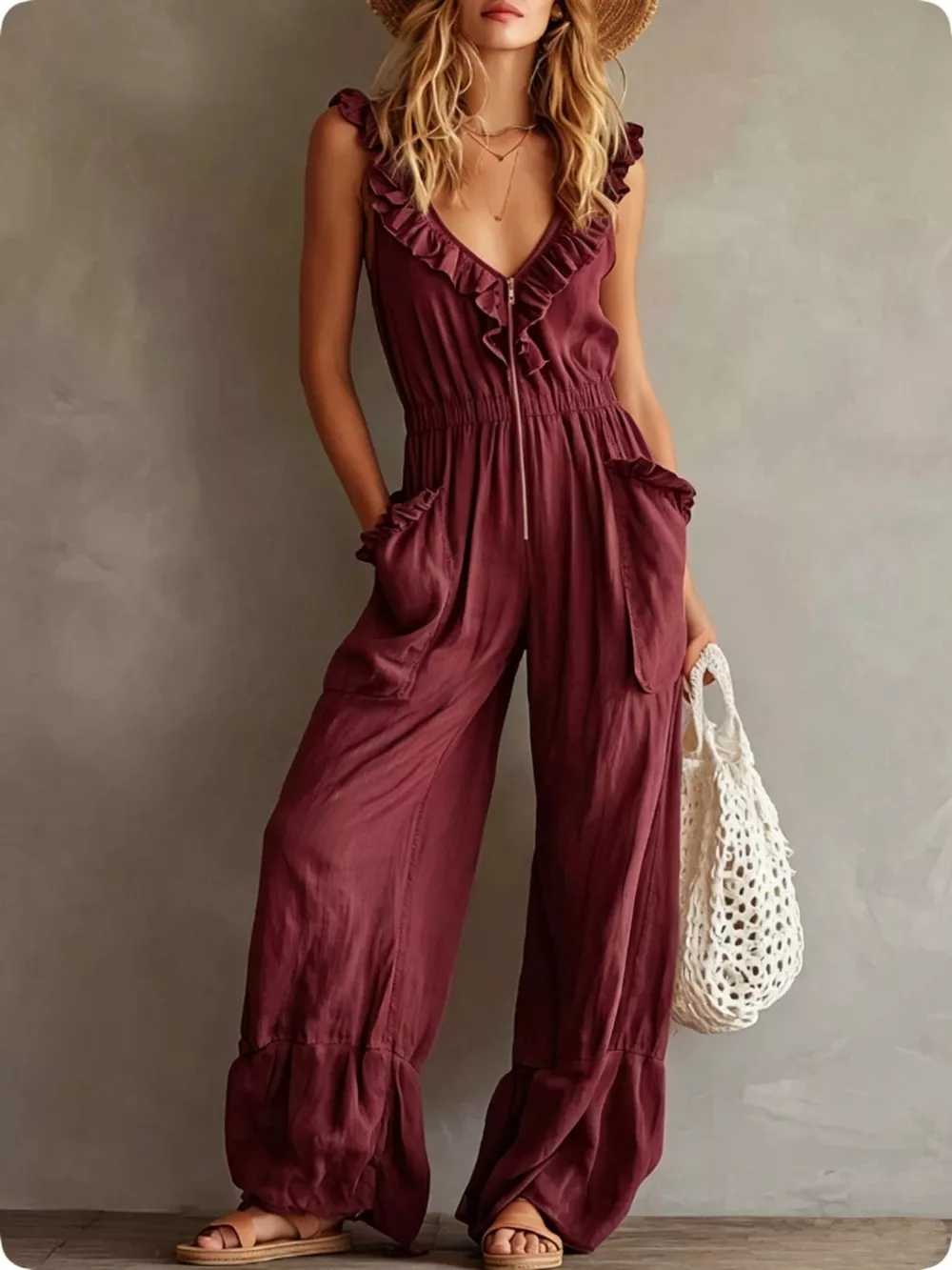 Ruffled V-Neck Wide Leg Jumpsuit, image 13