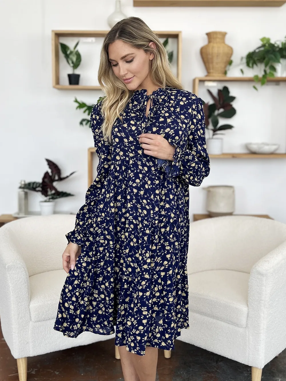Full Size Printed Ruffle Hem Long Sleeve Tiered Dress, image 16