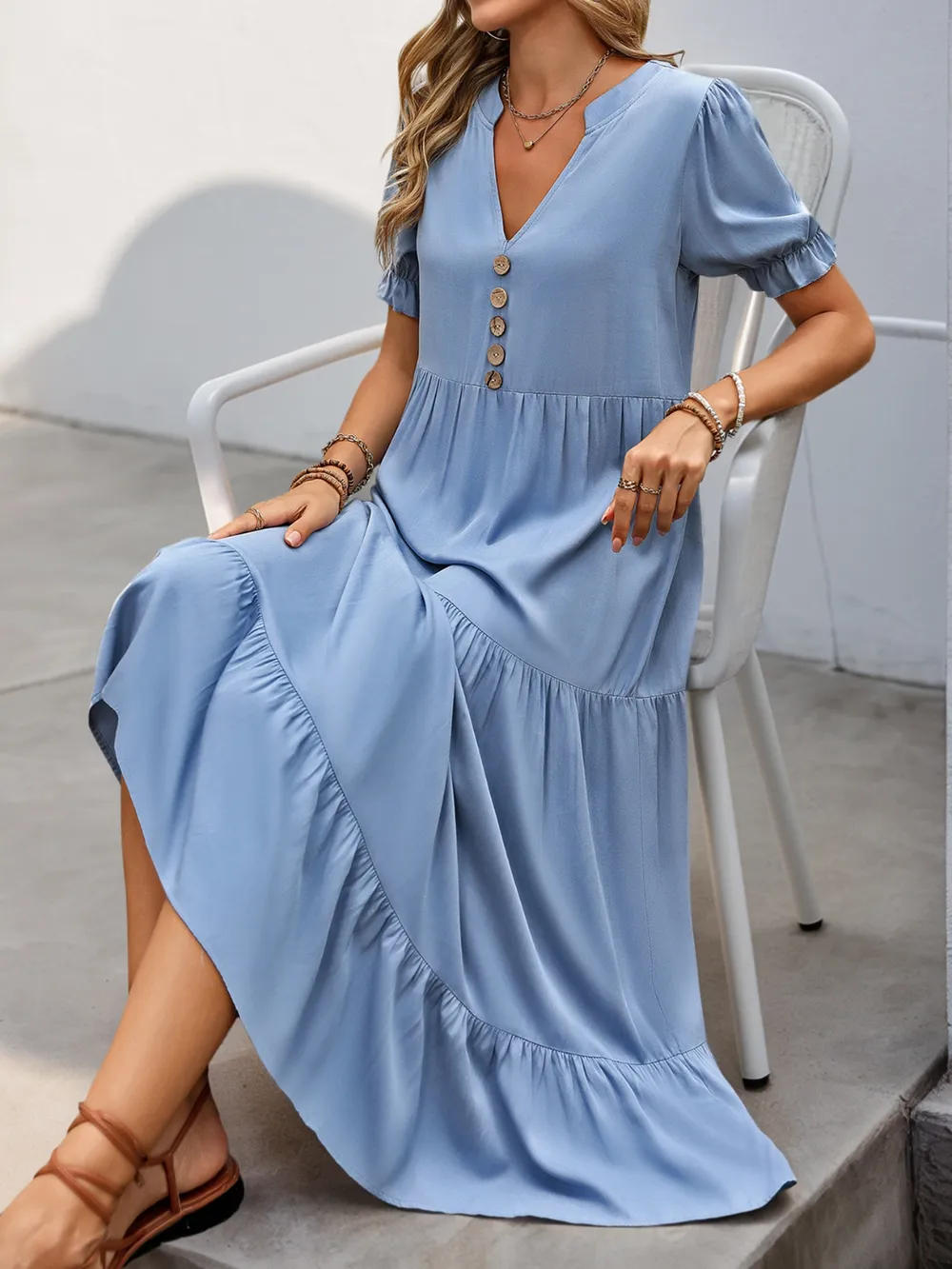 Notched Short Sleeve Tiered Midi Dress, image 2