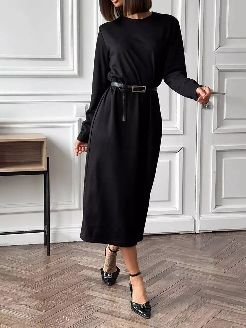Round Neck Long-Sleeve Midi Dress, image 19