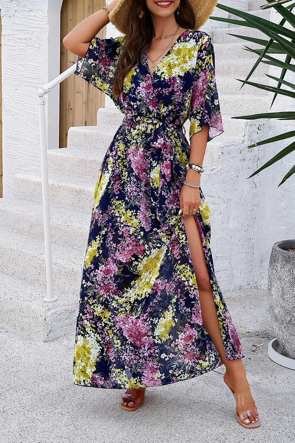 Printed Tied Half Sleeve Slit Dress, image 17