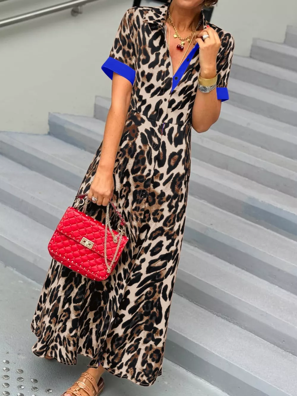 Leopard Print Button-Down Dress with Contrast Trim, image 19