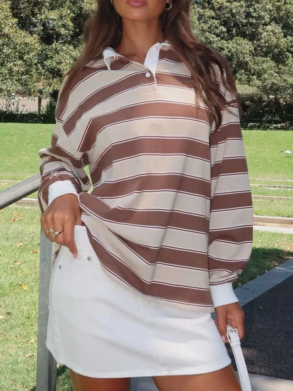 Striped Button Detail Long Sleeve Polo, image 5