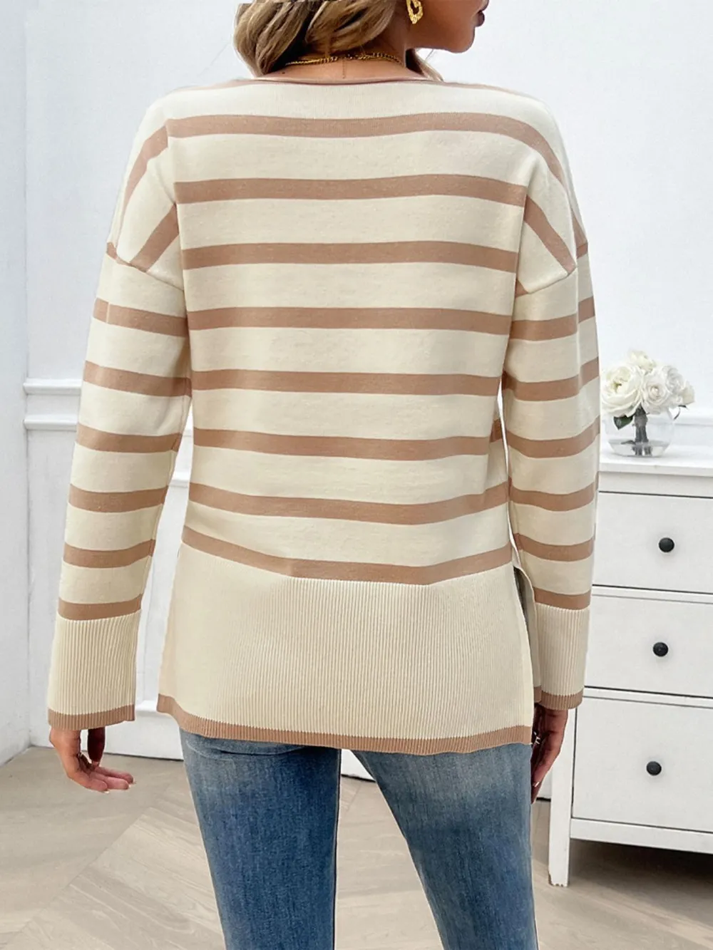 Striped V-Neck Long Sleeve Knit Top, image 11
