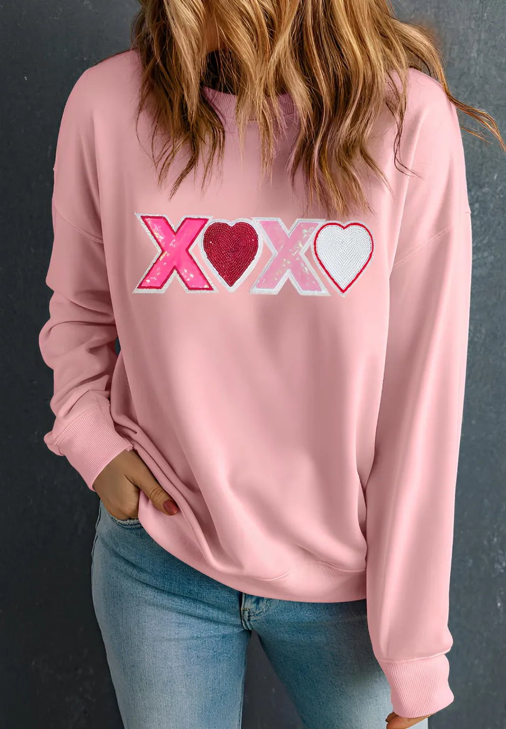 Valentine’s Day XOXO Round Neck Long Sleeve Sweatshirt, image 3